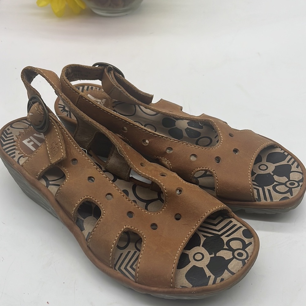 Fly London Women's Tan Leather Wedge Sandals